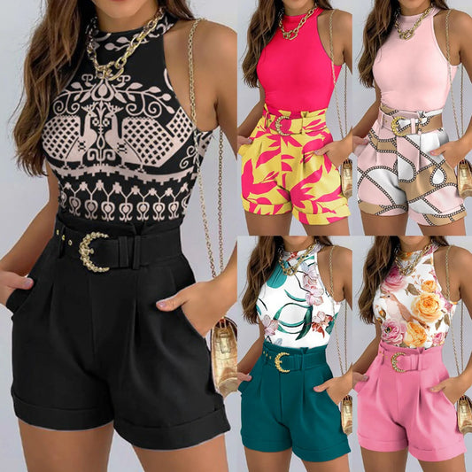 LVSANW Summer New 2024 Fresh And Sweet European And American Women'S Set Elegant Round Neck Sleeveless Fashion Shorts Belt Sets