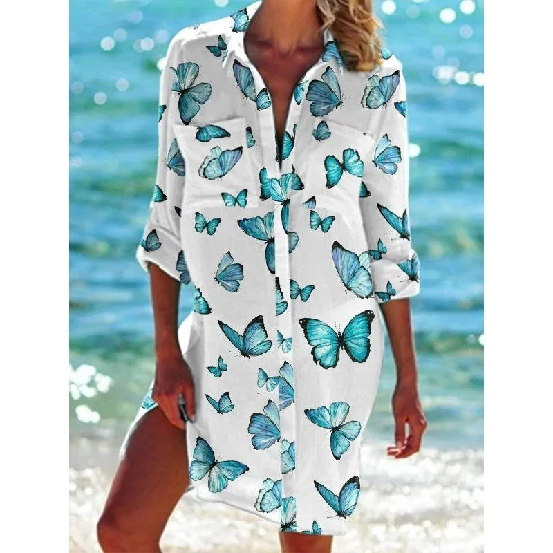 LVSANW Summer New Butterfly 3D Printed Hawaiian Women's Shirt Dress Women's Beach Sexy Shirt Coat Shirt Long sleeved Maxi