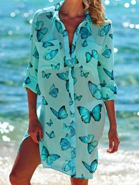 LVSANW Summer New Butterfly 3D Printed Hawaiian Women's Shirt Dress Women's Beach Sexy Shirt Coat Shirt Long sleeved Maxi