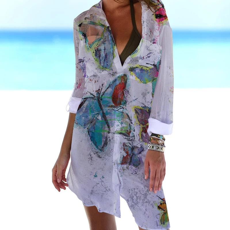 LVSANW Summer New Butterfly 3D Printed Hawaiian Women's Shirt Dress Women's Beach Sexy Shirt Coat Shirt Long sleeved Maxi