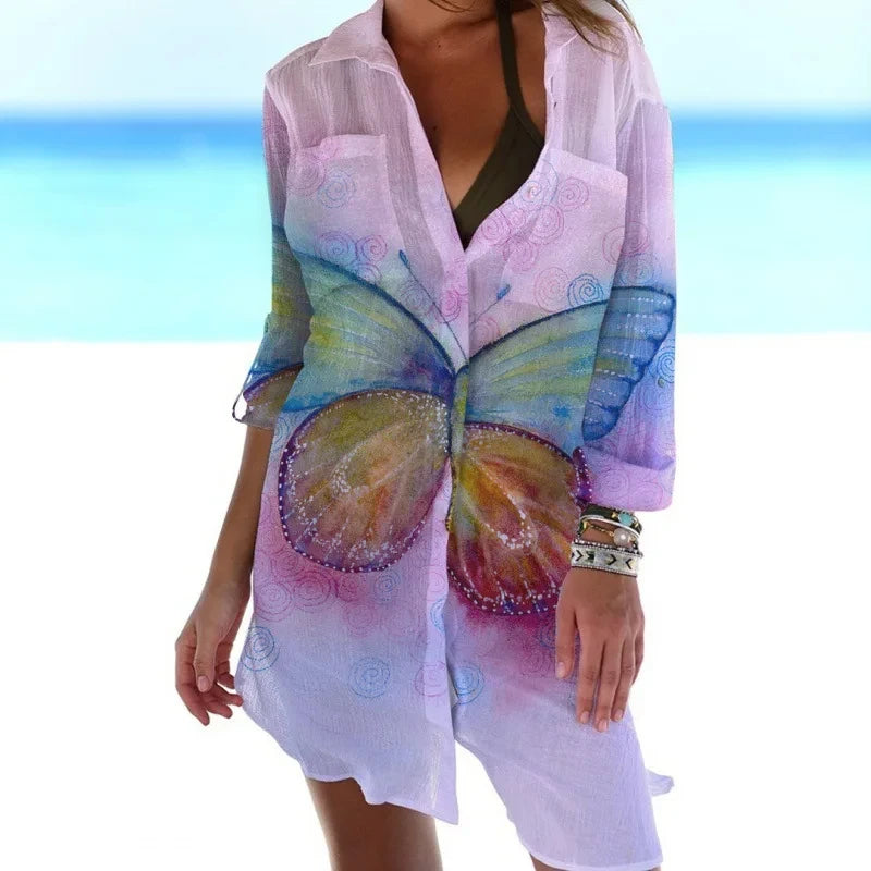 LVSANW Summer New Butterfly 3D Printed Hawaiian Women's Shirt Dress Women's Beach Sexy Shirt Coat Shirt Long sleeved Maxi