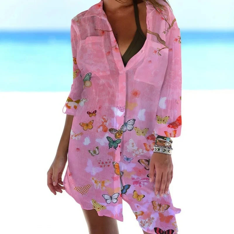 LVSANW Summer New Butterfly 3D Printed Hawaiian Women's Shirt Dress Women's Beach Sexy Shirt Coat Shirt Long sleeved Maxi