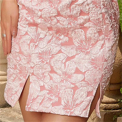 LVSANW Summer New Sexy Dress Backless Split Jacquard Holiday Slip Dress Short Skirt Pink Pullover Hot Girl Dress European And American