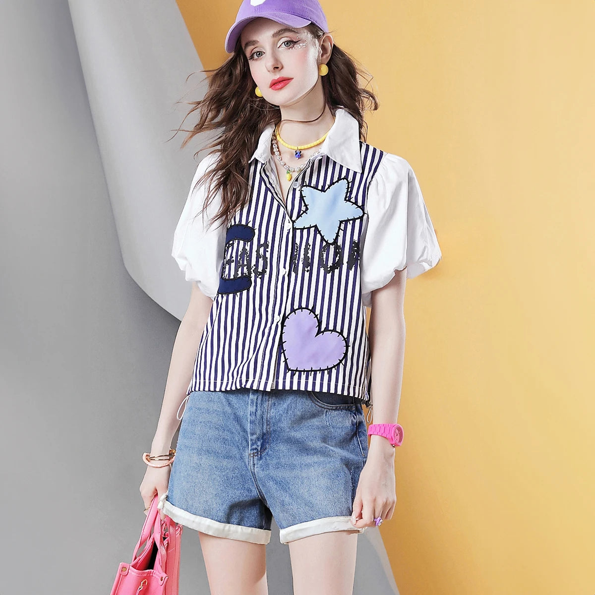 LVSANW Summer New high quality Women's Short Sleeve Striped Shirt Short Puff Sleeve Elegant blouse top for women