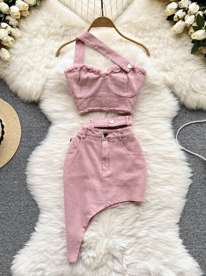 LVSANW Summer Pink Denim Sexy Women Sets Elegant Zipper Suspenders Tops Sashes Button Pocket Irregular Slash Neck Slim Two Piece Set