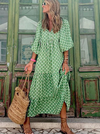 LVSANW Summer Puff Sleeve Boho Maxi Dress Women Elegant 2024 Casual Floral Drawstring V-Neck Loose Holiday Beach Dresses Party Vestidos