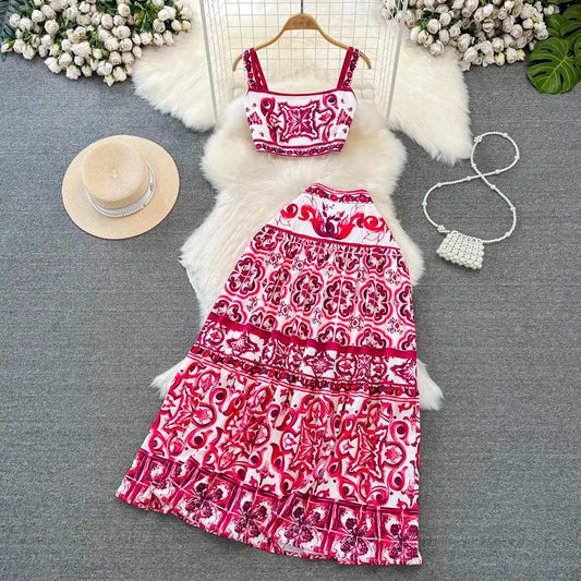 LVSANW Summer Runway Holiday Red Blue and White Porcelain Print Two Piece Set Women Spaghetti Strap Short Tops＋Maxi Skirts Set Suit