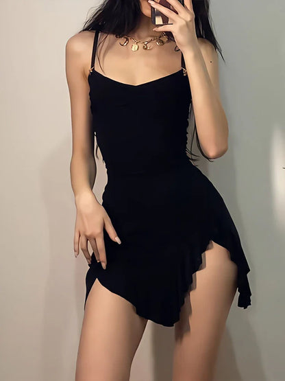 LVSANW Summer Sexy Mini Dress Women Sleeveless Strap Streetwear Backless Folds Bodycon Split Black Dress Party Elegant A-LINE Dresses