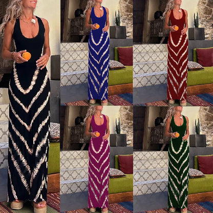 LVSANW Summer Sexy Variety Print Backless Cross Beach Dress Fashion Holiday Striped Dress for Women Long Dress Elegant Vestido Feminino