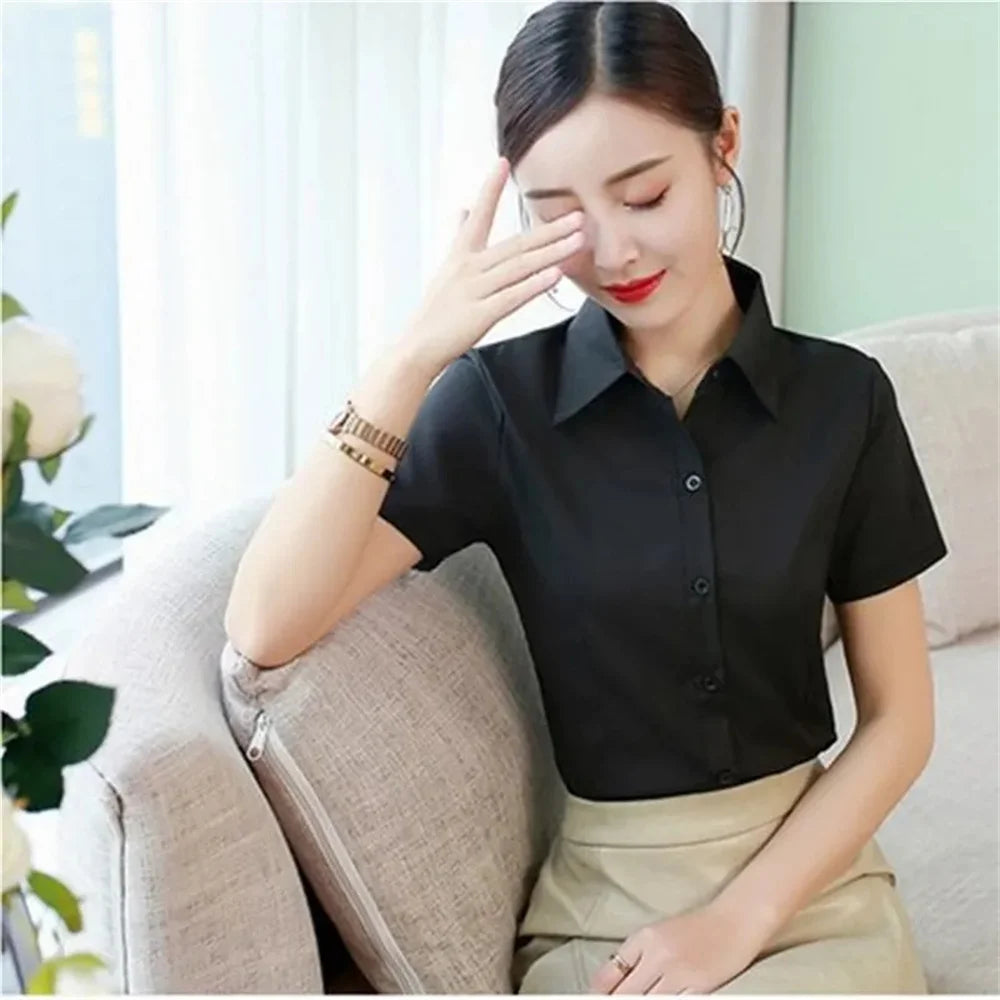 LVSANW Summer Short Sleeve White Black Women Shirt Women's Blouse Slim Fitting Professional Work Clothes Formal Office Lady Ol Blouse