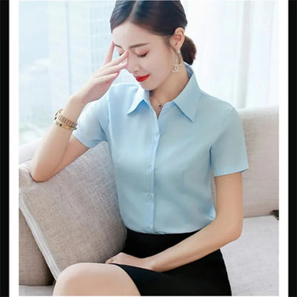 LVSANW Summer Short Sleeve White Black Women Shirt Women's Blouse Slim Fitting Professional Work Clothes Formal Office Lady Ol Blouse