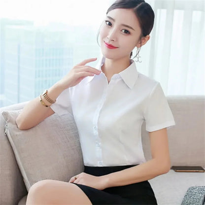 LVSANW Summer Short Sleeve White Black Women Shirt Women's Blouse Slim Fitting Professional Work Clothes Formal Office Lady Ol Blouse