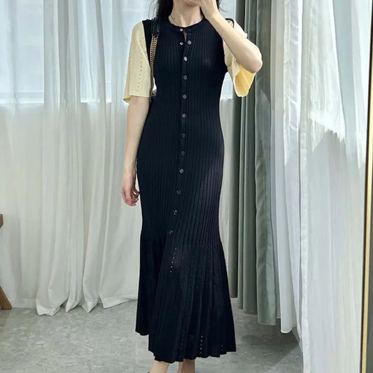 LVSANW Summer Spring New French Elegant Fragrance High-end Slimming Knitted Mermaid Dress Hollow Slimming Fish Tail Knit Dress