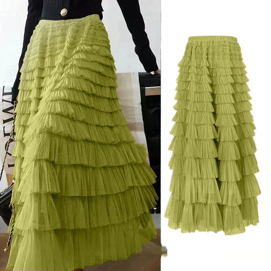 LVSANW Summer Spring Women’s Multilayer Ruffles Tulle Skirt Pleated High Waist Fluffy Maxi Skirt Fairy Cake Dress Long Tutu Party Skirt