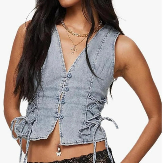 LVSANW Summer Tanks For Women Trendy Women Button Down Denim Vest Sexy Sleeveless Denim Crop Top Low Cut Strapless Jean Ropa De Mujer