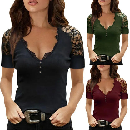 LVSANW Summer Women'S 5Xl Casual V Neck Lace Short Sleeve T Shirt Sexy Solid Color Office Ladies Top