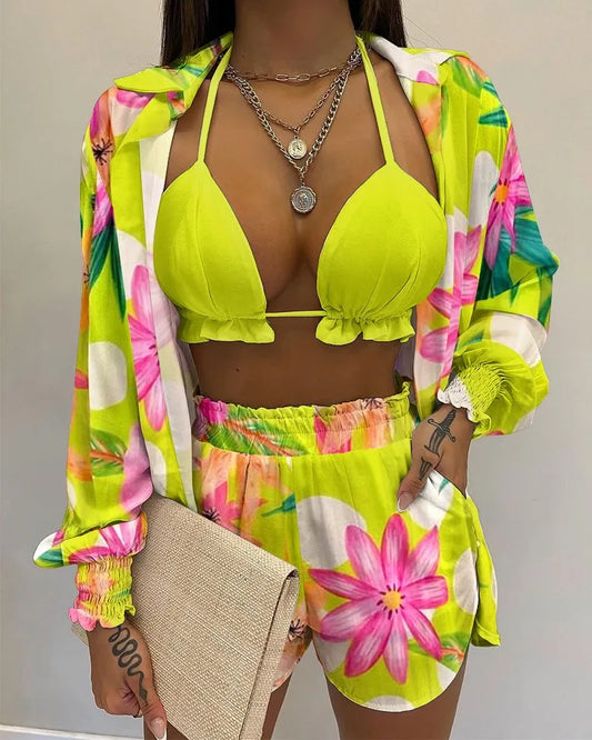 LVSANW Summer Women's Set Fashionable and Sexy Beach Style Tourism Resort Style Leisure and Elegant Women's Three Piece Set