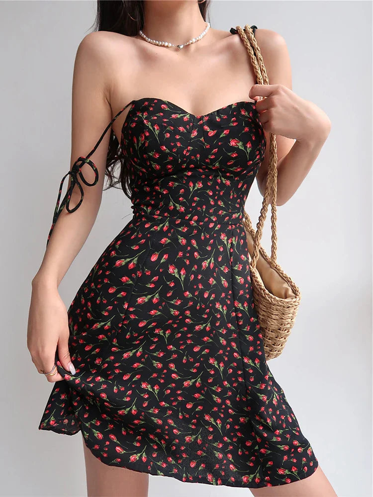 LVSANW Summer Y2K Retro Floral Strap Bow Black Dress Mini Fashion Aesthetic Club Party Sexy Dresses for Women A-line Outfits