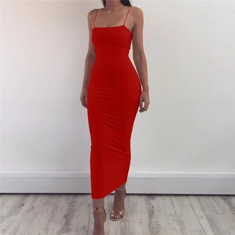 LVSANW Summer women's dress long sling dresses club sexy suspender dress European and American women's summer solid color long dress