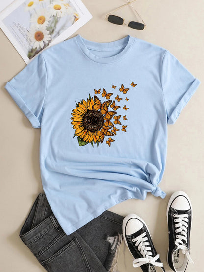 LVSANW Sunflowers and butterflies Tee,Print Crew Neck T-shirt,Women's Casual Loose Short Sleeve Fashion Summer T-Shirts Tops