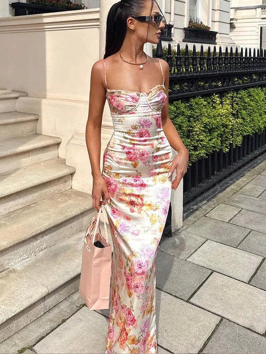 LVSANW Suninheart Summer Spaghetti Strap Floral Print Party Dresses Elegant Maxi Bodycon Wedding Guest Holiday Dress New In Dress 2024