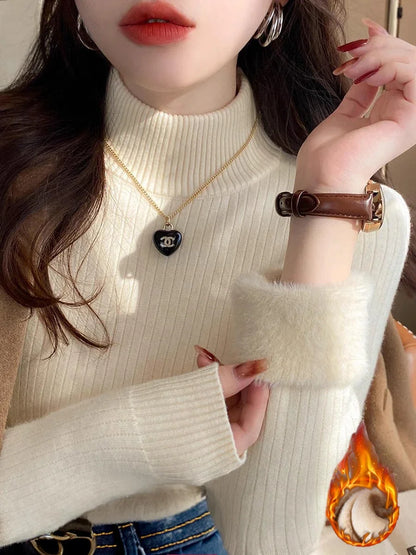 LVSANW Sweater For Women Winter Thicken Turtleneck Slim Knit Pullover New Warm Plush Velvet Lined Knitwear Jumper Tops Casual Poleras