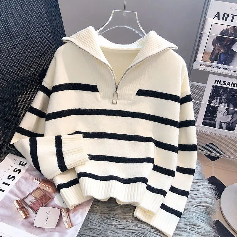 LVSANW Sweater Pullover Women Spring and Autumn Underwear 2025 New Zipper Stripe Underlay Short Style Popular Premium Sweater Female