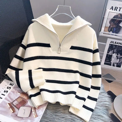 LVSANW Sweater Pullover Women Spring and Autumn Underwear 2025 New Zipper Stripe Underlay Short Style Popular Premium Sweater Female