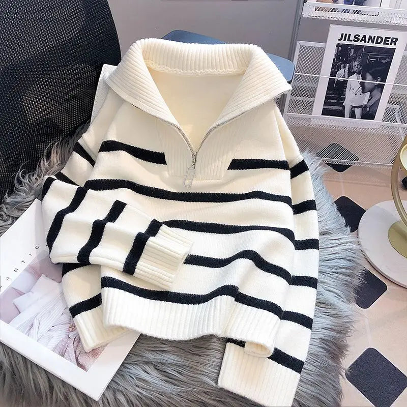 LVSANW Sweater Pullover Women Spring and Autumn Underwear 2025 New Zipper Stripe Underlay Short Style Popular Premium Sweater Female