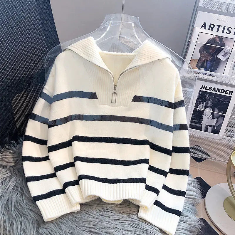 LVSANW Sweater Pullover Women Spring and Autumn Underwear 2025 New Zipper Stripe Underlay Short Style Popular Premium Sweater Female