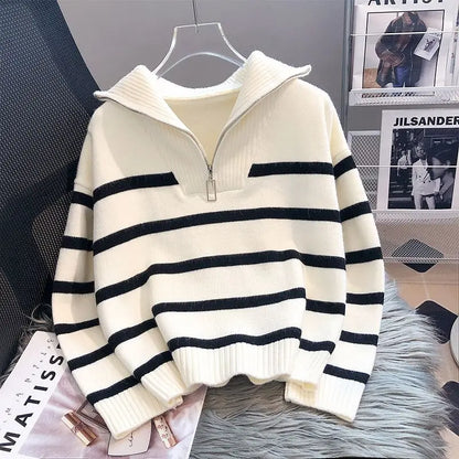 LVSANW Sweater Pullover Women Spring and Autumn Underwear 2025 New Zipper Stripe Underlay Short Style Popular Premium Sweater Female