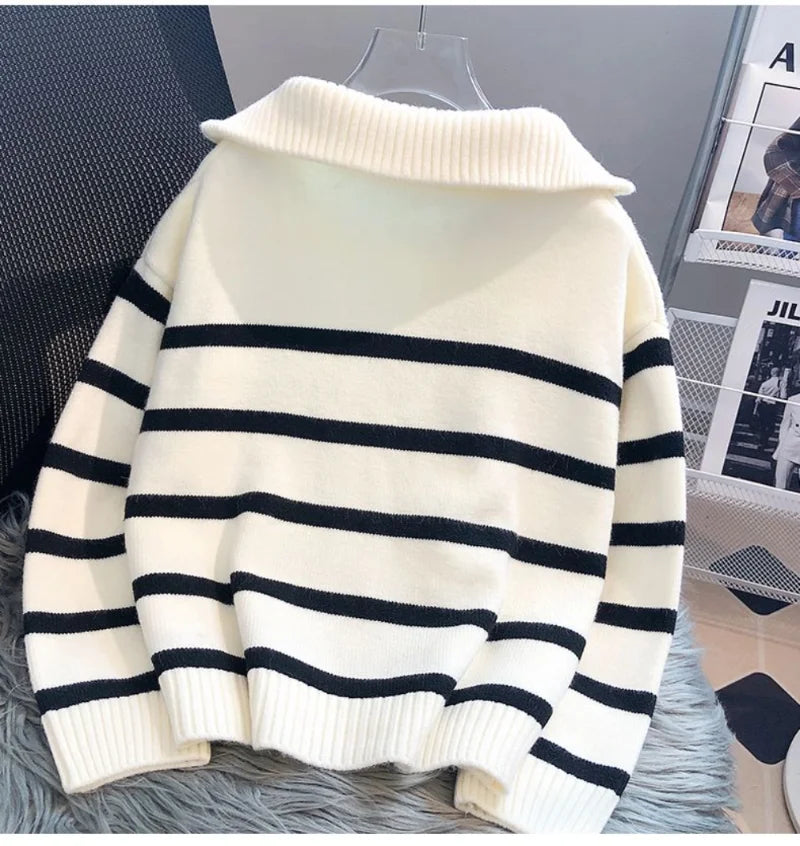 LVSANW Sweater Pullover Women Spring and Autumn Underwear 2025 New Zipper Stripe Underlay Short Style Popular Premium Sweater Female