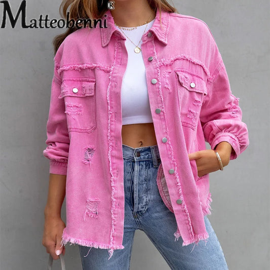 LVSANW Sweet Color Splicing Pocket Denim Jacket Female Fashion Streetwear Lapel Long Sleeves Single-breasted Cardigan Loose Women Coat