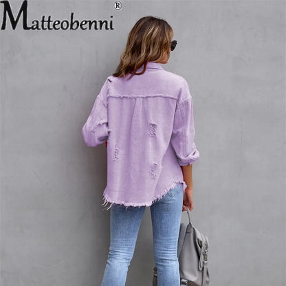 LVSANW Sweet Color Splicing Pocket Denim Jacket Female Fashion Streetwear Lapel Long Sleeves Single-breasted Cardigan Loose Women Coat