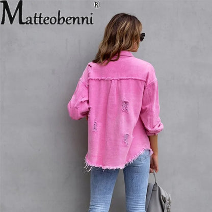 LVSANW Sweet Color Splicing Pocket Denim Jacket Female Fashion Streetwear Lapel Long Sleeves Single-breasted Cardigan Loose Women Coat