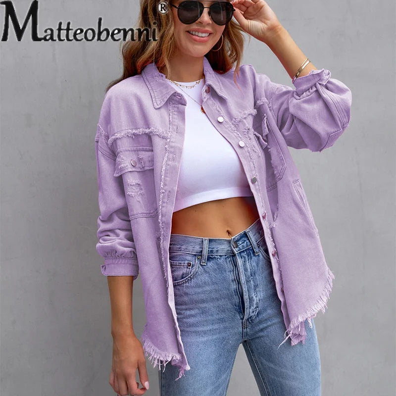 LVSANW Sweet Color Splicing Pocket Denim Jacket Female Fashion Streetwear Lapel Long Sleeves Single-breasted Cardigan Loose Women Coat