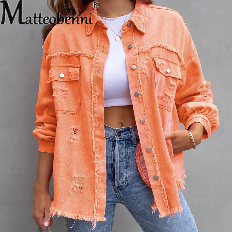 LVSANW Sweet Color Splicing Pocket Denim Jacket Female Fashion Streetwear Lapel Long Sleeves Single-breasted Cardigan Loose Women Coat