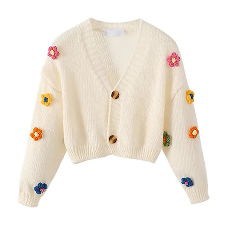 LVSANW Sweet Cute Flower Sweater Cardigan Women Fall Winter Cropped V-neck Knitted Cardigans Female Long Sleeve Single-breasted Sweater