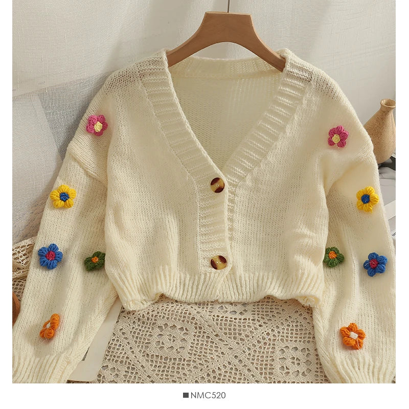 LVSANW Sweet Cute Flower Sweater Cardigan Women Fall Winter Cropped V-neck Knitted Cardigans Female Long Sleeve Single-breasted Sweater