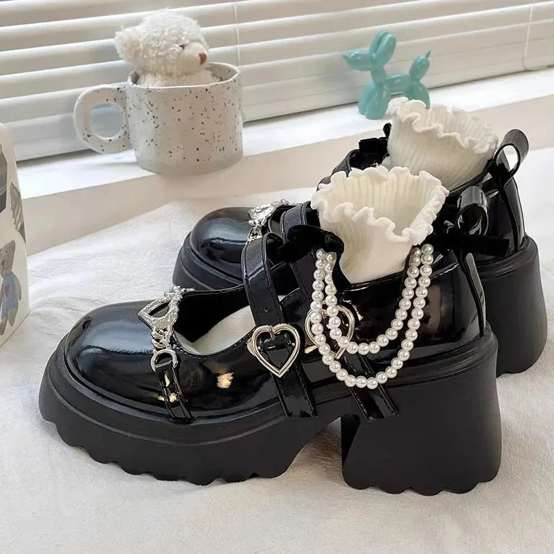 LVSANW Sweet Heart-Shaped Buckle Lolita Shoes Women Patent Leather Platform Mary Janes Woman Metal Decoration Chunky Heels Pumps 2024