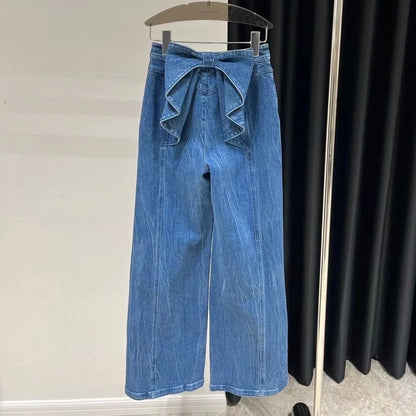 LVSANW Sweet Style Street Blue American Retro Back Bow High Waisted Jeans for Women Spring New Niche Wide Leg Straight Leg Y2k Pants