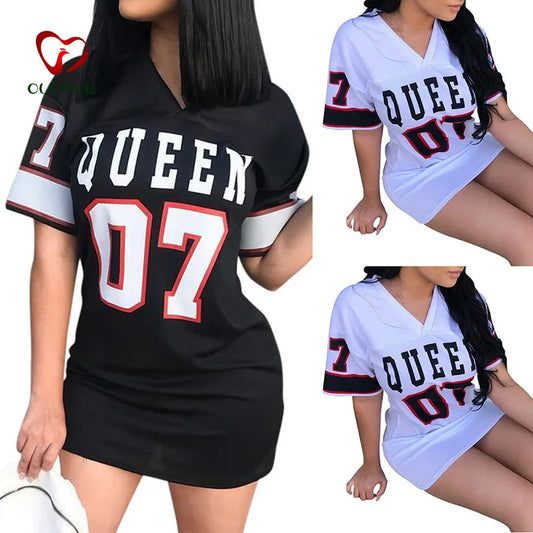 LVSANW T Shirt Dress Women Short Dress Hip Hop Queen Printed Long T Shirt Loose V Neck Sexy Mini Dress Robe Camiseta Vestidos