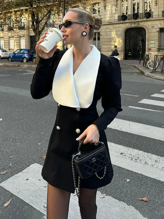 LVSANW TARUXY Contrast Color Lapel Suit Dress Elegant Office Woman Outfits Pleatd Splice High Waist Mini Dress Double Breasted Fashion