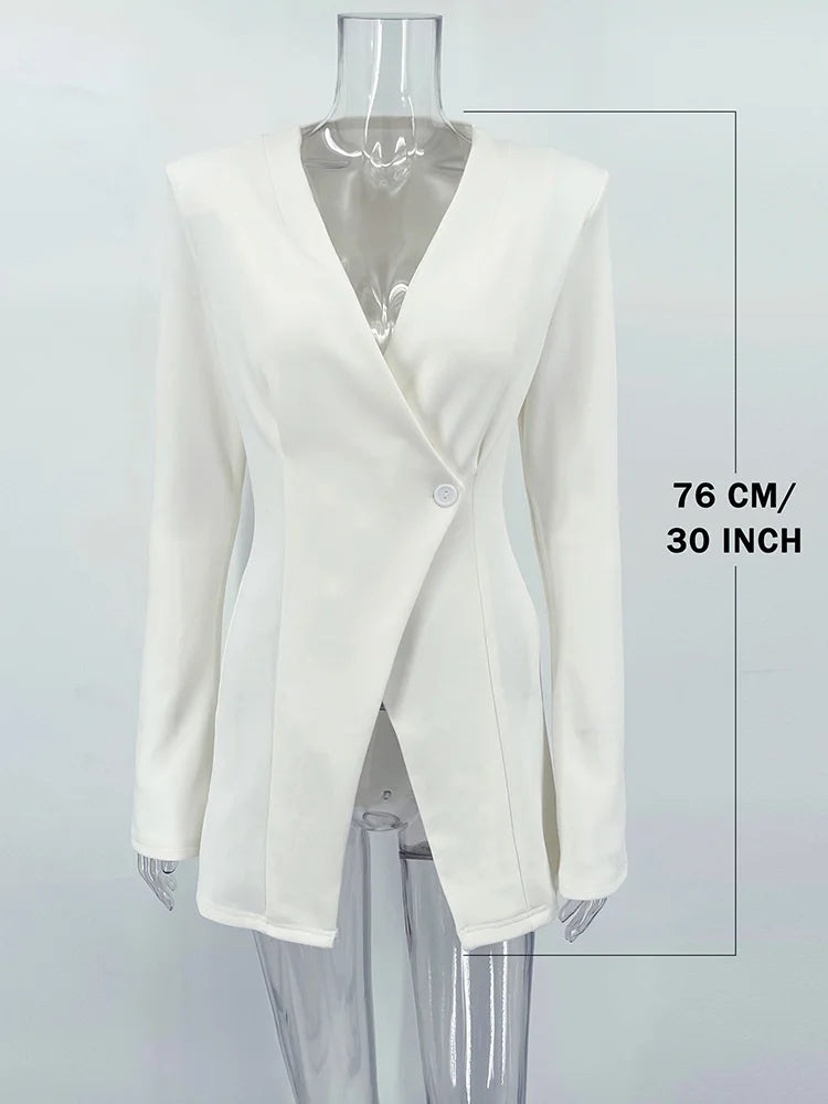 LVSANW TARUXY Slim White Button Blazer Coat For Women V Neck Long Sleeve Office Lady Coat Slit High Waisted Outwear Autumn Winter New