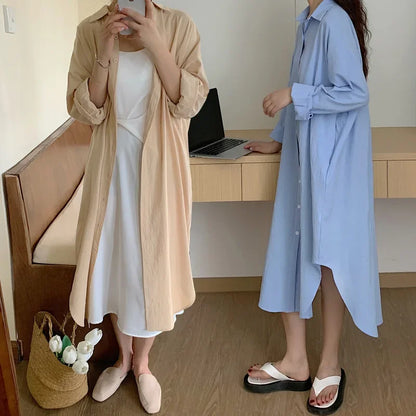 LVSANW TFETTERS Long Shirt Dresses Women Korean Fashion Casual Loose Long Sleeve Shirt Women X-Long Knee-length Button Up Coat Shirt