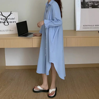 LVSANW TFETTERS Long Shirt Dresses Women Korean Fashion Casual Loose Long Sleeve Shirt Women X-Long Knee-length Button Up Coat Shirt