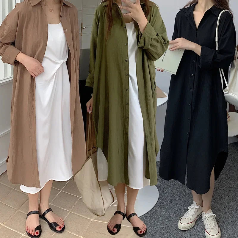 LVSANW TFETTERS Long Shirt Dresses Women Korean Fashion Casual Loose Long Sleeve Shirt Women X-Long Knee-length Button Up Coat Shirt