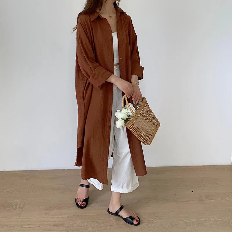 LVSANW TFETTERS Long Shirt Dresses Women Korean Fashion Casual Loose Long Sleeve Shirt Women X-Long Knee-length Button Up Coat Shirt