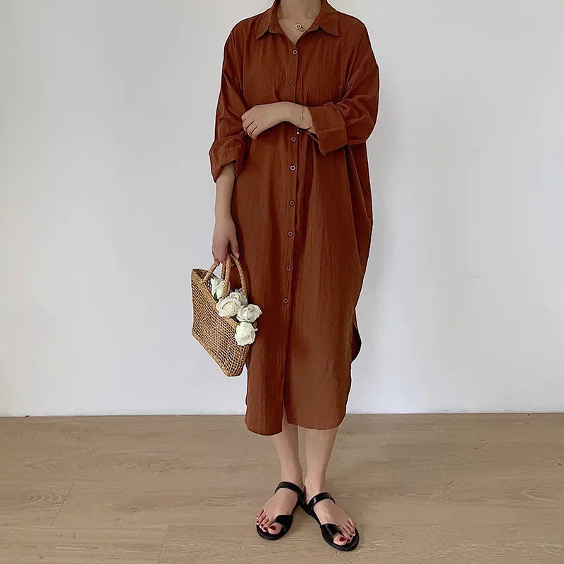 LVSANW TFETTERS Long Shirt Dresses Women Korean Fashion Casual Loose Long Sleeve Shirt Women X-Long Knee-length Button Up Coat Shirt