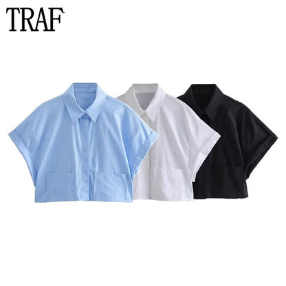 LVSANW TRAF 2024 Cropped Women's Shirt Black White Oversized Shirt Woman Short Sleeve Crop Tops for Women Summer Shirts and Blouses